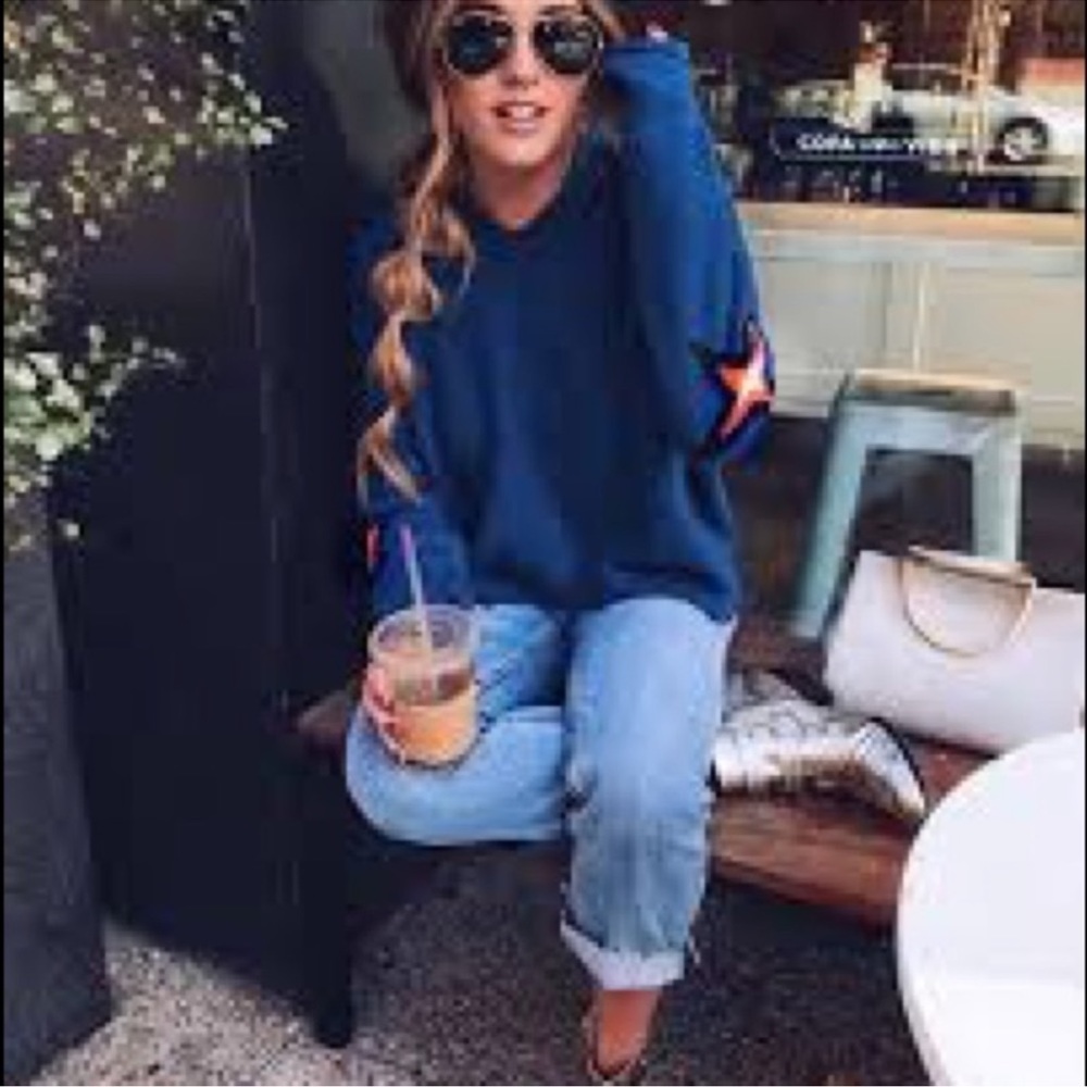 Wildfox Star Elbow Hoodie Fleece Sweatshirt Large Navy Blue